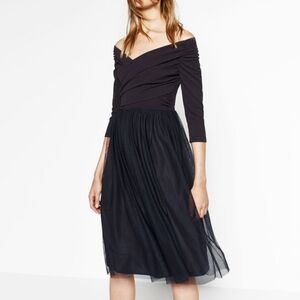 Zara Navy Blue Tulle Midi Dress